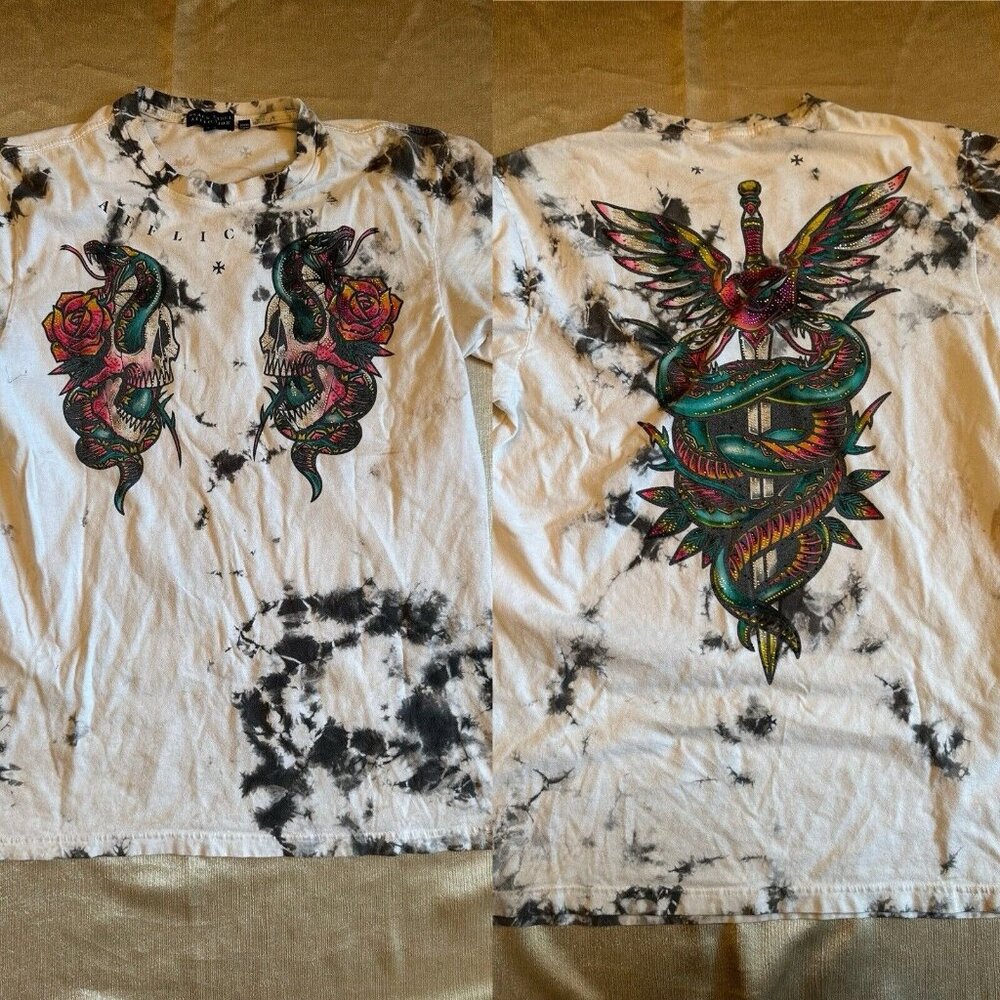 Affliction Black Label Shirt Sz Large Skull Snake Dagger Rhinestone Black White